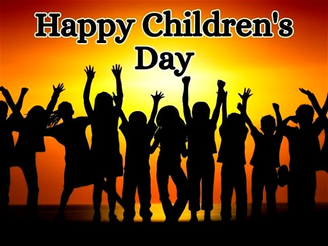A bunch of children with hands in the air and text that reads Happy Children‘s Day