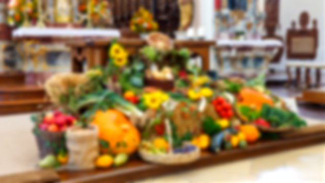 harvest crops, vegetables, on a church altar