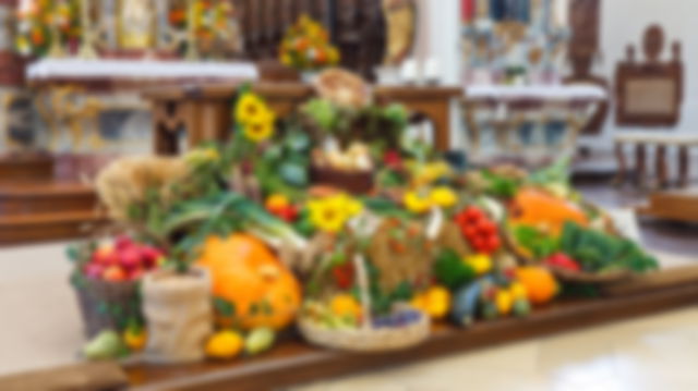 harvest crops, vegetables, on a church altar