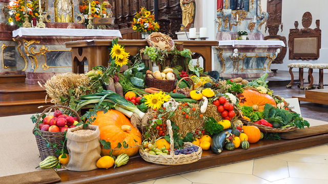 harvest crops, vegetables, on a church altar