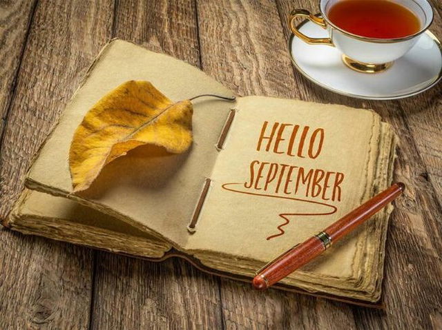 Hello September handwriting in a retro journal with decked edge handmade paper pages and a stylish pen on a rustic wooden table with a cup of tea