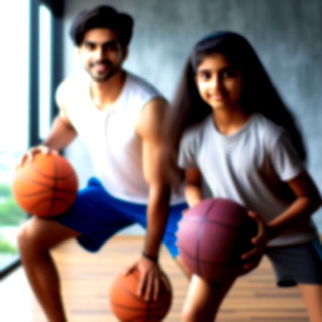 Indian brother and sister with basketball