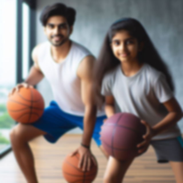 Indian brother and sister with basketball