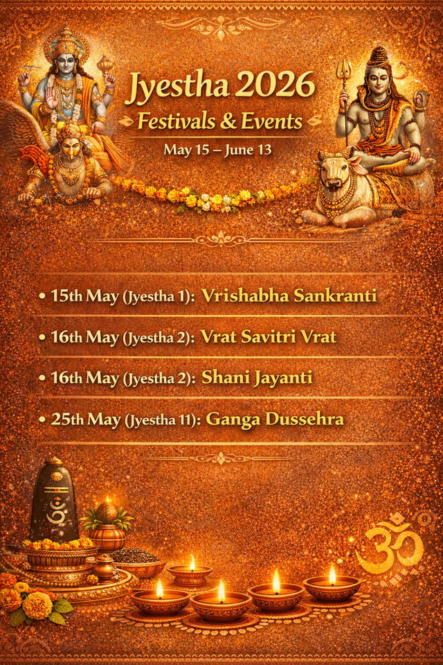 Calendar graphic titled &ldquo;Jyestha 2026 Festivals & Events&rdquo; showing the period May 15 to June 13, with a gold-orange decorative background and Hindu imagery of Vishnu and Shiva, listing key observances: Vrishabha Sankranti on May 15, Vrat Savitri Vrat and Shani Jayanti on May 16, and Ganga Dussehra on May 25, accented with diyas, a Shiva lingam, and traditional motifs.