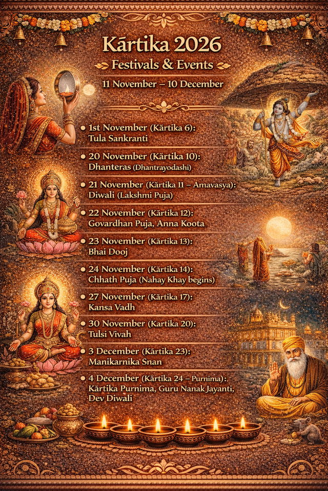 Calendar graphic titled &ldquo;Kārtika 2026 Festivals & Events&rdquo; showing the period from 11 November to 10 December, listing Tula Sankranti, Dhanteras, Diwali (Lakshmi Puja), Govardhan Puja and Anna Koota, Bhai Dooj, Chhath Puja, Kansa Vadh, Tulsi Vivah, Manikarnika Snan, and Kartika Purnima with Guru Nanak Jayanti and Dev Diwali, set on a warm gold-brown background with illustrations of Karwa Chauth rituals, Lord Krishna lifting Govardhan, Goddess Lakshmi, Chhath Puja devotees, and Guru Nanak, along with diyas and traditional Hindu motifs.