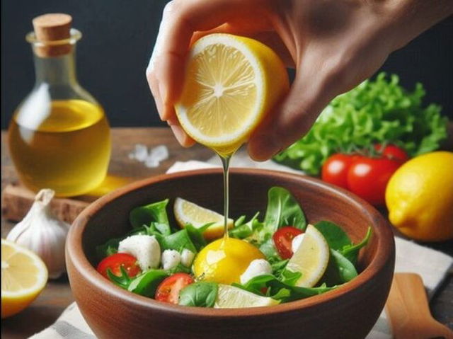 lemon juice being squeezed into a bowl of vegetables