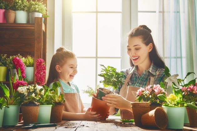 Mãe e filha plantando