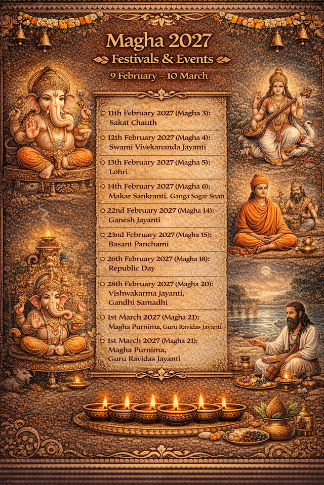 Calendar graphic titled &ldquo;Magha 2027 Festivals & Events&rdquo; showing the period from 9 February to 10 March, listing Sakat Chauth, Swami Vivekananda Jayanti, Lohri, Makar Sankranti with Ganga Sagar Snan, Ganesh Jayanti, Basant Panchami, Republic Day, Vishwakarma Jayanti with Gandhi Samadhi, and Magha Purnima with Guru Ravidas Jayanti, set on a warm gold-brown background with traditional Hindu artwork featuring Lord Ganesha, Goddess Saraswati, Swami Vivekananda, sages performing rituals, river-bank ceremonies, glowing diyas, and festive motifs.