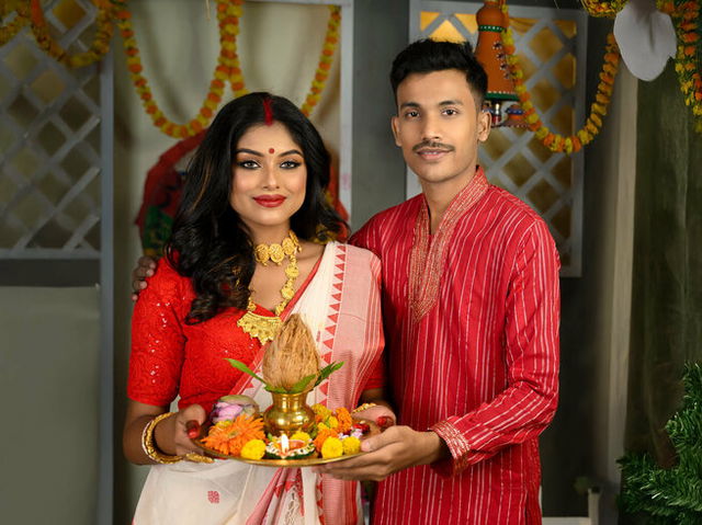 A couple dressed up on Durga Puja