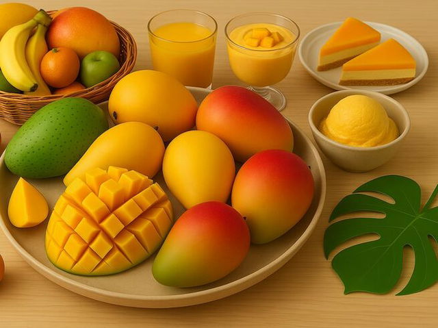 A vibrant display of fresh mangoes and mango-themed treats on a wooden table. The centerpiece features whole and cubed ripe mangoes on a plate, surrounded by mango sorbet, mango mousse topped with diced mango, two slices of mango cheesecake, and a glass of mango juice. A fruit basket with bananas, oranges, an apple, and a grapefruit sits in the background, adding variety and color to the scene. A green monstera leaf decorates the bottom right corner.