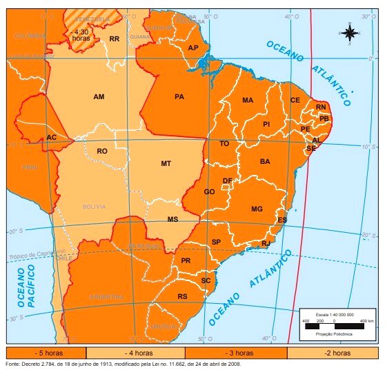 Mapa com fusos horários do Brasil