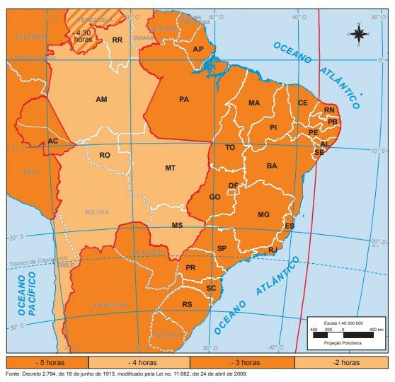 Mapa com fusos horários do Brasil