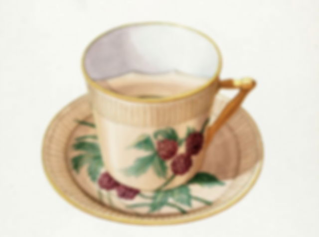 A drawing of a moustache cup with raspberries on the front