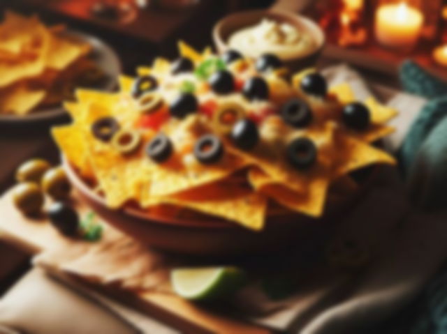 nachos topped with olive and cheese