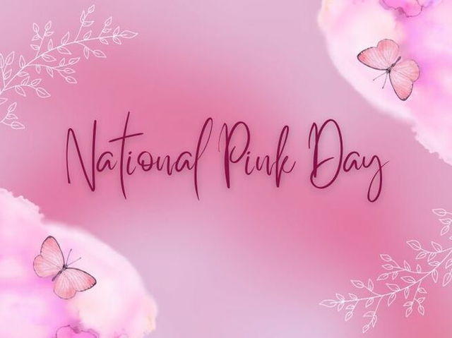 An image with pink background, floral prints and butterflies that reads National Pink Day