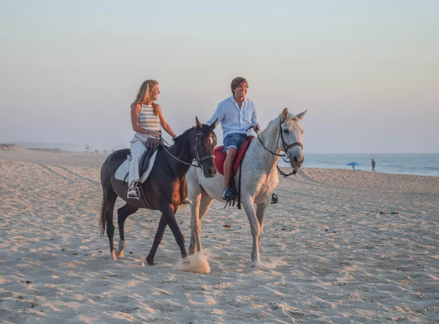 casal passeando a cavalo em praia