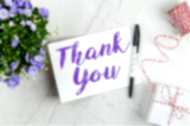 Thank you written on a card next to a bouquet of purple flower, a pen and a small parcel