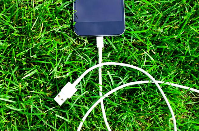 Iphone lying in bright green grass, turned off. Cable attached, but unplugged from the other side.