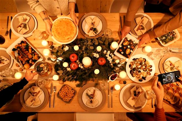 Christmas dinner on a table photographed from above