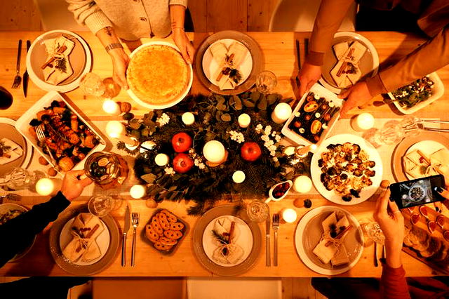 Christmas dinner on a table photographed from above