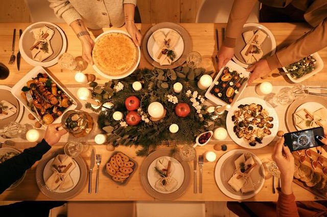 Christmas dinner on a table photographed from above