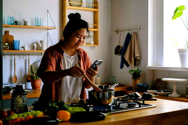 Woman Using a Phone while Cooking in a Kitchen