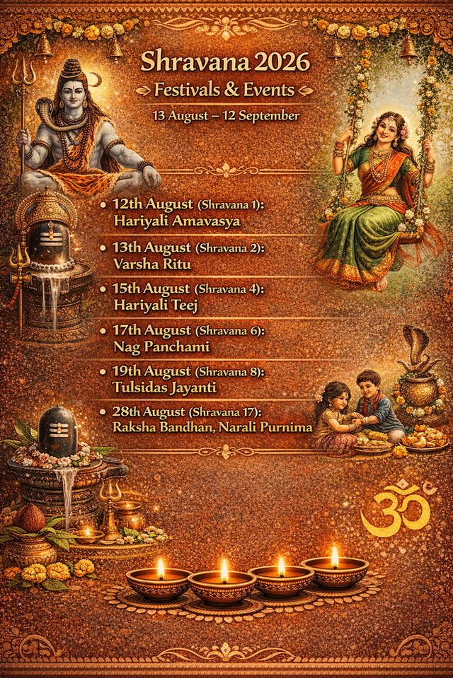 Calendar graphic titled &ldquo;Shravana 2026 Festivals & Events&rdquo; showing the period from 13 August to 12 September, listing Hariyali Amavasya, Varsha Ritu, Hariyali Teej, Nag Panchami, Tulsidas Jayanti, and Raksha Bandhan with Narali Purnima, set on a warm gold-brown background with illustrations of Lord Shiva, a woman on a swing symbolizing Hariyali Teej, children celebrating Raksha Bandhan, sacred objects, and glowing diyas.