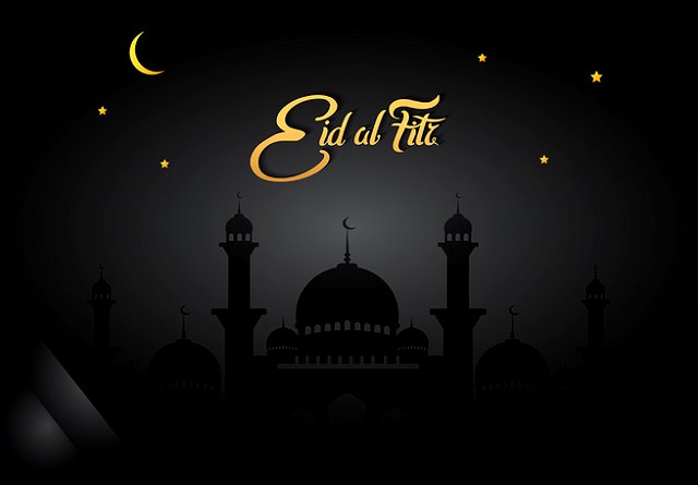 Image with the caption “Eid Al Fitr” , mosque, moon