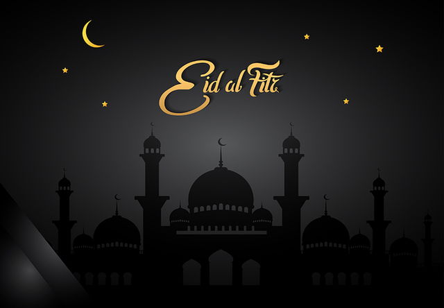 Image with the caption “Eid Al Fitr” , mosque, moon