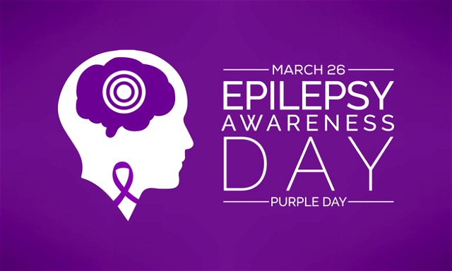 White outline of a head on a purple background. Circle pattern on the brain, ribbon on the neck. “Epilepsy Awareness Day - Purple Day”