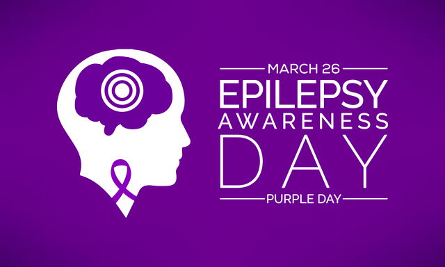 White outline of a head on a purple background. Circle pattern on the brain, ribbon on the neck. “Epilepsy Awareness Day - Purple Day”