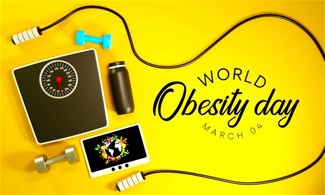 Yellow background behind: scales, a flask, dumbbells, a photo of the world and the words ‘World Obesity Day’