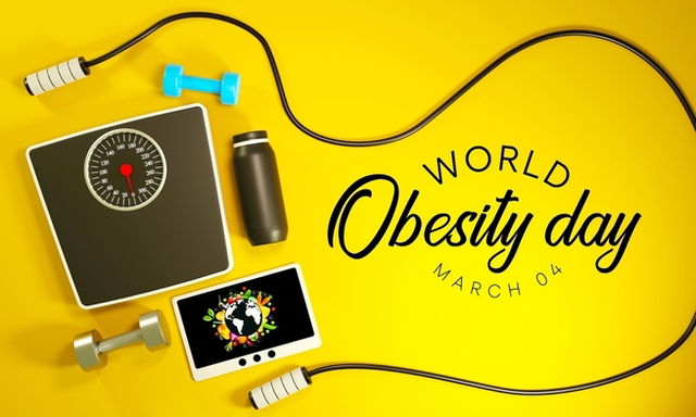 Yellow background behind: scales, a flask, dumbbells, a photo of the world and the words ‘World Obesity Day’