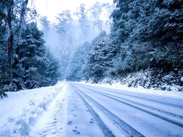 Winter shot of snowfall on a country road with hoarfrost on ground in the forest. Mt Donna Buang, VIC Australia.