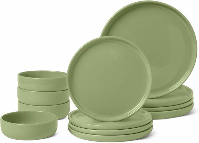 Amazon Basics Glazed Stoneware Dinnerware, Ceramic 12-Piece Set