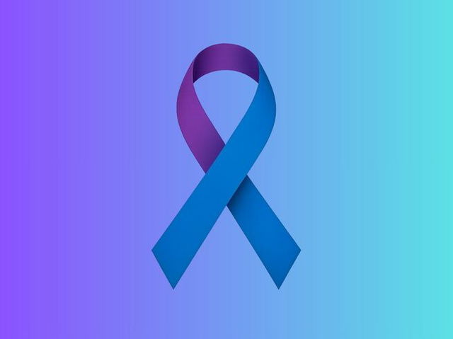A purple and blue awareness ribbon symbol, with the left side in purple and the right side in blue, displayed on a duochrome background.