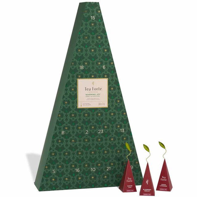 Tea Forte Herbal Tea Advent Calendar Gift Set; 24 Individually Wrapped Handcrafted Assorted Pyramid Infuser Tea Bags with Numbered Doors, Warming Joy