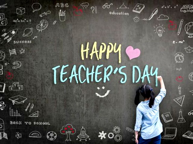 Happy Teacher‘s Day greeting card for teachers day concept with school student back view drawing doodle of of learning education graphic freehand