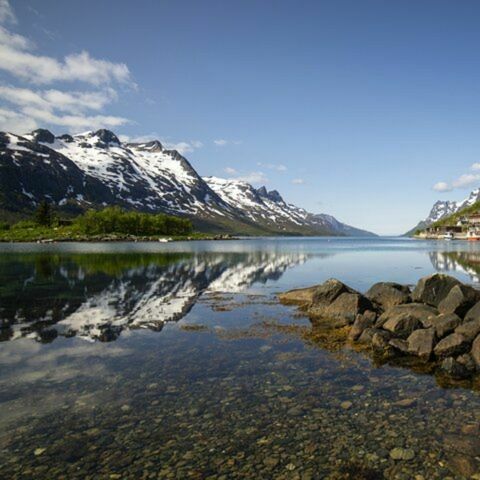 alt text Calm fjord with clear water reflecting snow-capped mountains, rocky shoreline in the foreground, and small buildings along the coast under a blue sky.