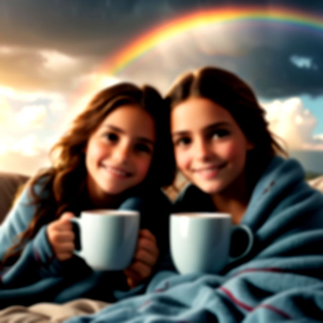 Two sisters smiling and holding a cup