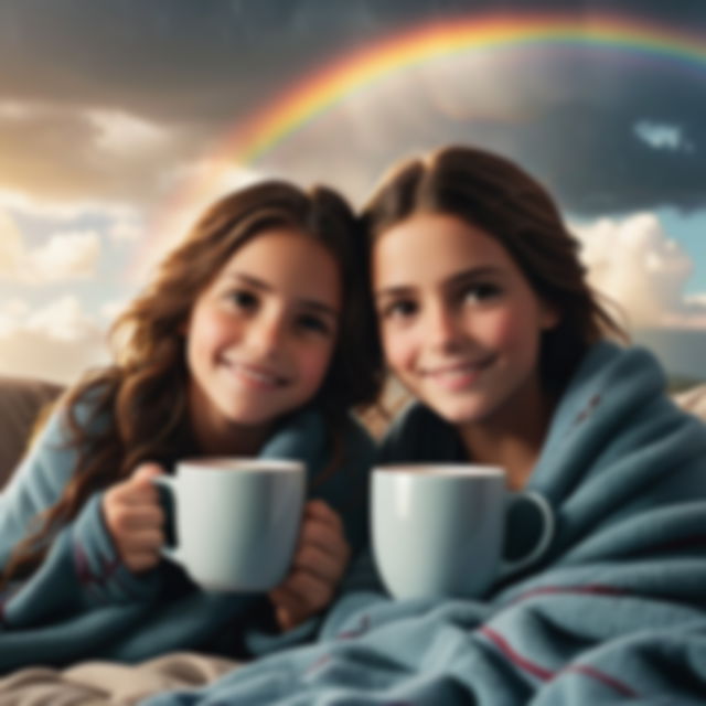 Two sisters smiling and holding a cup