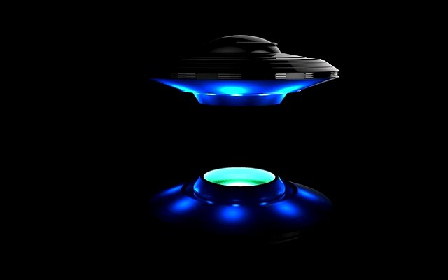 An image of an UFO radiating blue lights