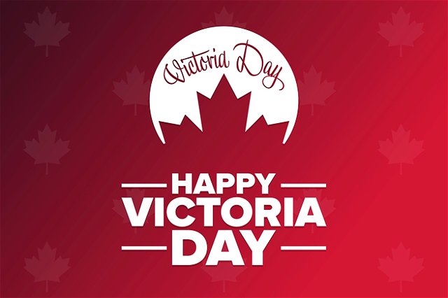 text “happy victoria day” on a deep red background with a red maple leaf silhouetted by a white cirle