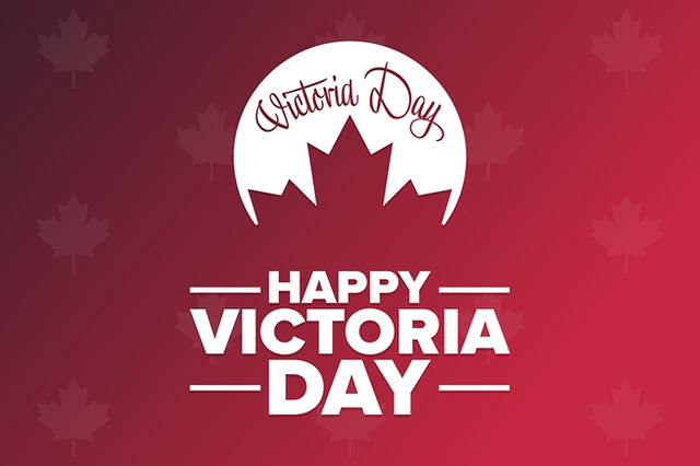 text “happy victoria day” on a deep red background with a red maple leaf silhouetted by a white cirle