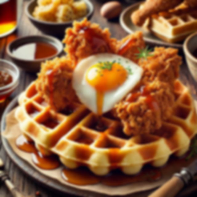 waffles topped with fried chicken and eggs