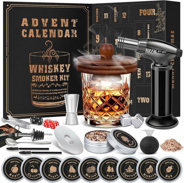 Whiskey Advent Calendar 2025 for Men, 24-Day Bourbon Smoker Infuser Kit for Cocktail and whisky Lovers