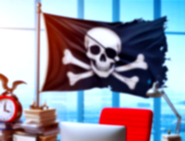bandeira de pirata erguida em um escritório_gerada por IA