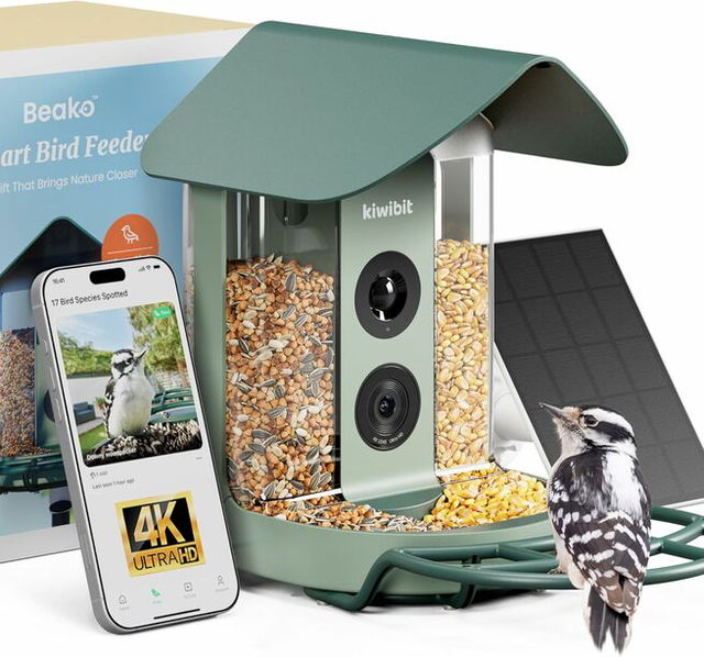 A solar-powered smart bird feeder with a built-in 4K camera that live-streams visiting birds, uses AI to identify over 10,000 species, and sends real-time motion alerts, perfect for birdwatching and gifting to bird lovers.