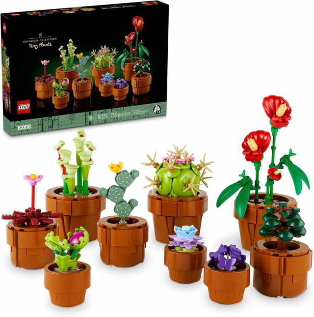 A LEGO Icons Botanical Collection Tiny Plants set, showing a boxed display and multiple small potted plants made from LEGO pieces, including cacti, succulents, and flowering plants arranged in brown pots.