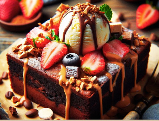 brownie coberto com morangos e uma bola de gelado_gerado por IA